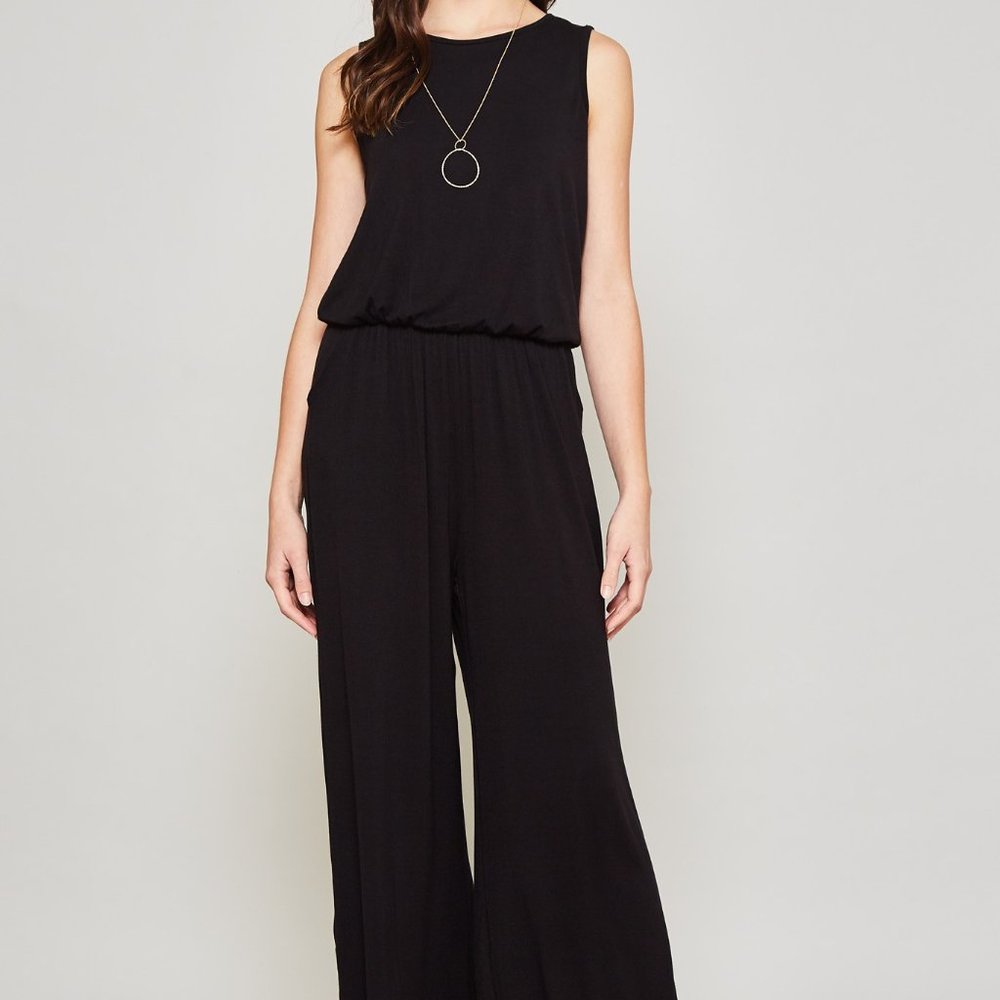 new BLACK JUMPSUIT ROMPER BOHEMIAN palazzo pants slimming Slenderizing SM-4X